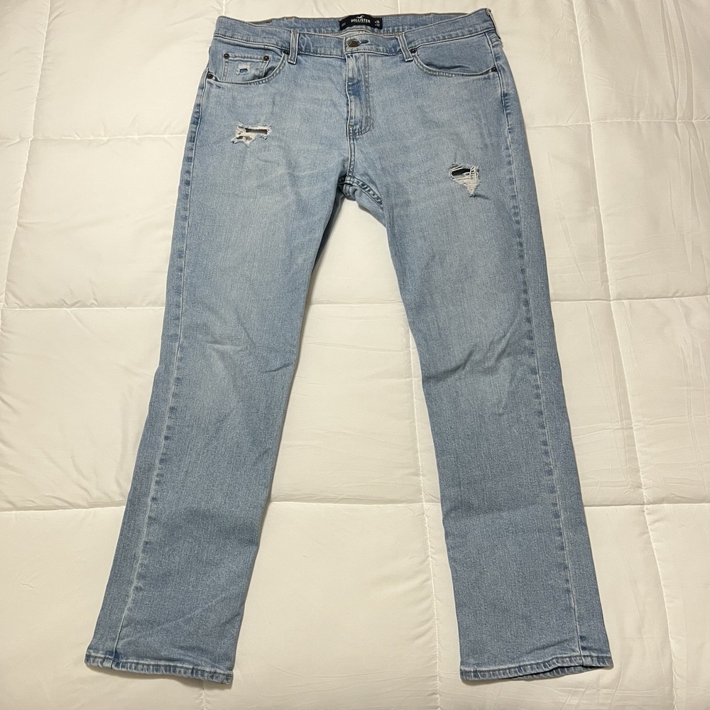 Hollister Men's Slim Straight Epic Flex Blue Ripped Jeans 36x32